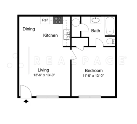 Floor plan for 1 bed, 1 bath, 585 sqft